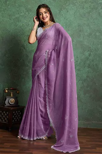purple ethnic motifs embroidered pure chiffon saree