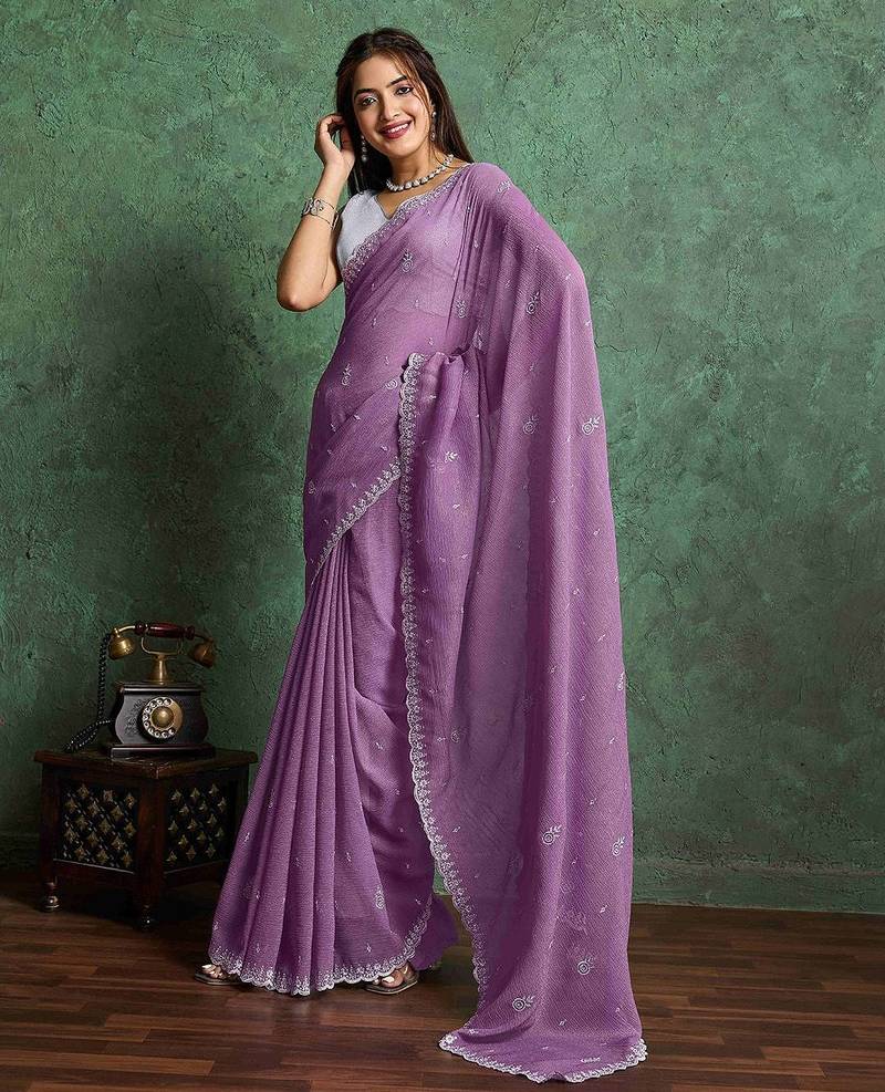 purple ethnic motifs embroidered pure chiffon saree