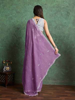 purple ethnic motifs embroidered pure chiffon saree 5