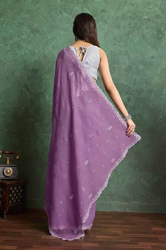 purple ethnic motifs embroidered pure chiffon saree