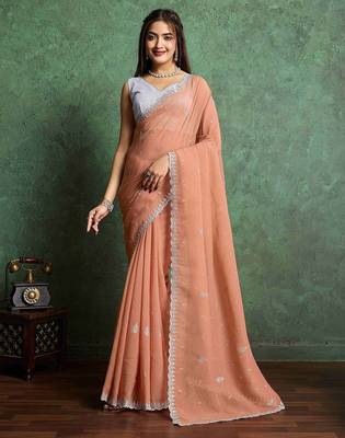 orange floral embroidered pure chiffon saree 1