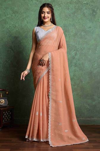 orange floral embroidered pure chiffon saree