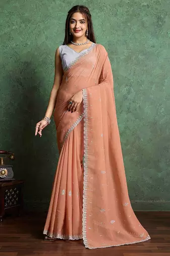 orange floral embroidered pure chiffon saree