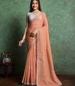 orange floral embroidered pure chiffon saree