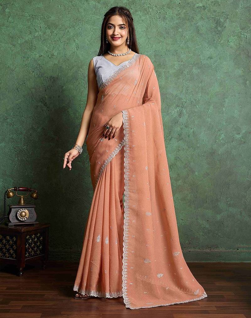 orange floral embroidered pure chiffon saree