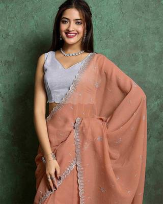 orange floral embroidered pure chiffon saree 2