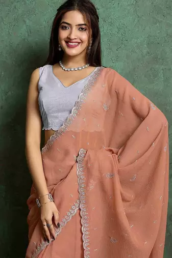 orange floral embroidered pure chiffon saree