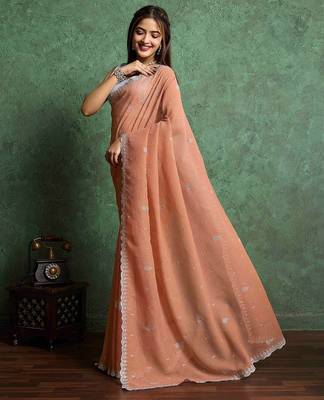 orange floral embroidered pure chiffon saree 3