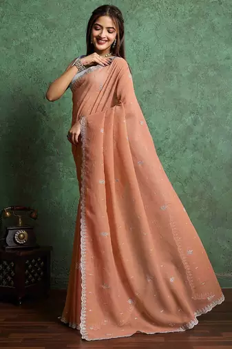orange floral embroidered pure chiffon saree