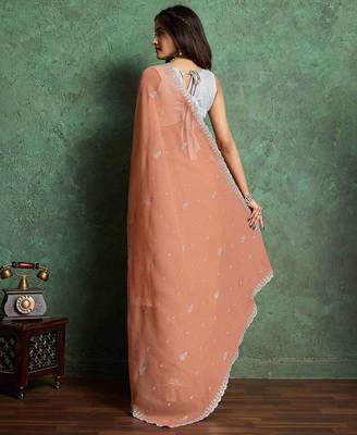 orange floral embroidered pure chiffon saree 4