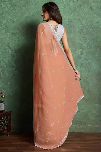 orange floral embroidered pure chiffon saree