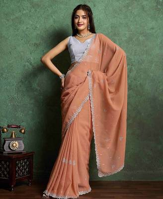 orange floral embroidered pure chiffon saree 5