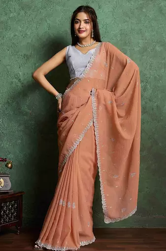 orange floral embroidered pure chiffon saree