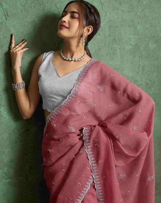 pink women ethnic embroidered embellished pure chiffon saree 1
