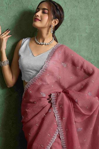 pink women ethnic embroidered embellished pure chiffon saree
