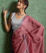 pink women ethnic embroidered embellished pure chiffon saree