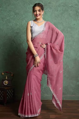 pink women ethnic embroidered embellished pure chiffon saree
