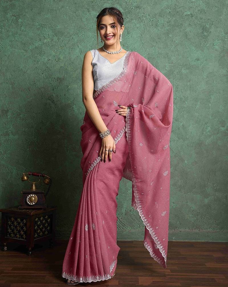 pink women ethnic embroidered embellished pure chiffon saree