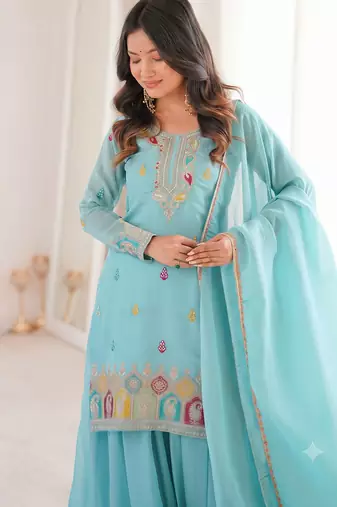 Sky blue embroidered kurta with sharara & dupatta set
