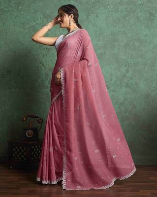 pink women ethnic embroidered embellished pure chiffon saree 3