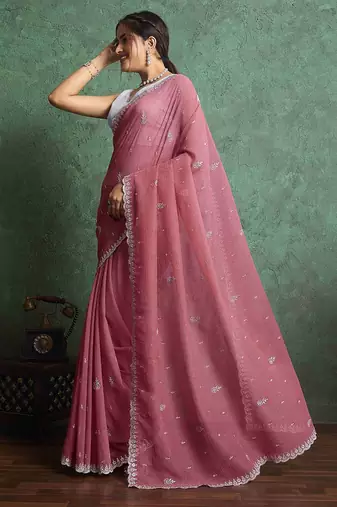 pink women ethnic embroidered embellished pure chiffon saree