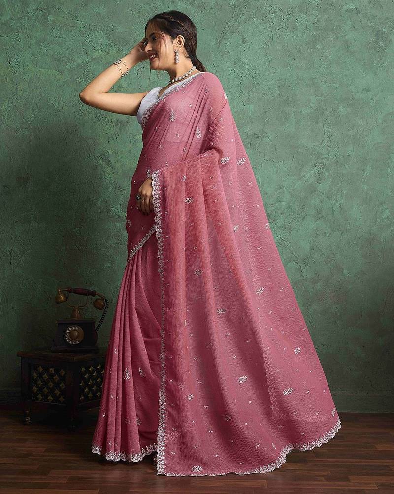 pink women ethnic embroidered embellished pure chiffon saree