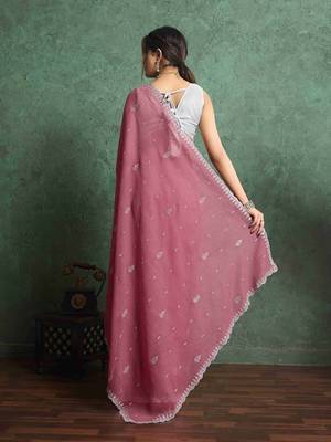 pink women ethnic embroidered embellished pure chiffon saree 4