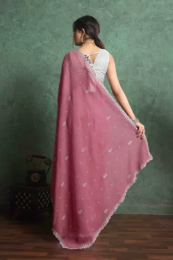 pink women ethnic embroidered embellished pure chiffon saree