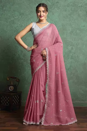 pink women ethnic embroidered embellished pure chiffon saree
