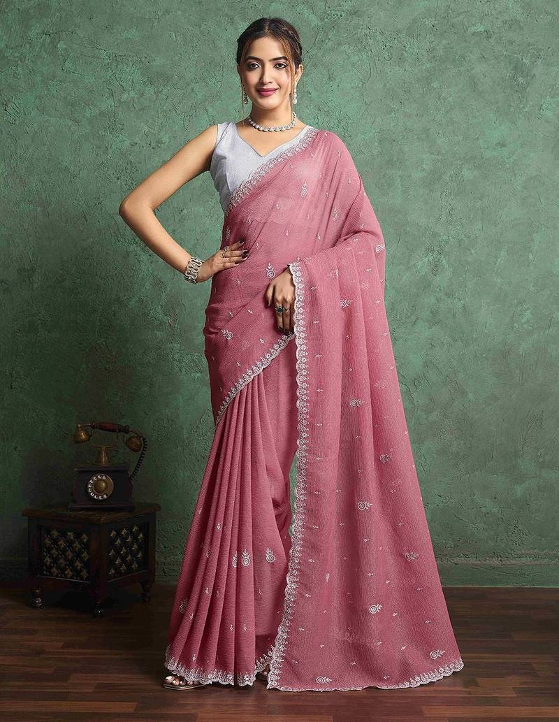 pink women ethnic embroidered embellished pure chiffon saree
