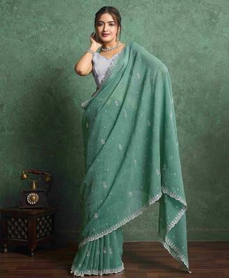 green floral embroidered pure chiffon regular saree 1