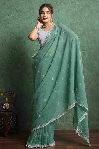 green floral embroidered pure chiffon regular saree