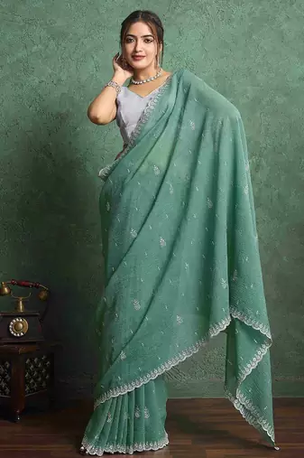 green floral embroidered pure chiffon regular saree