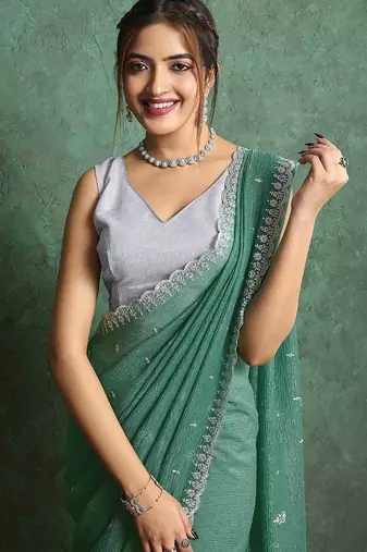 green floral embroidered pure chiffon regular saree
