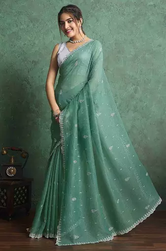 green floral embroidered pure chiffon regular saree