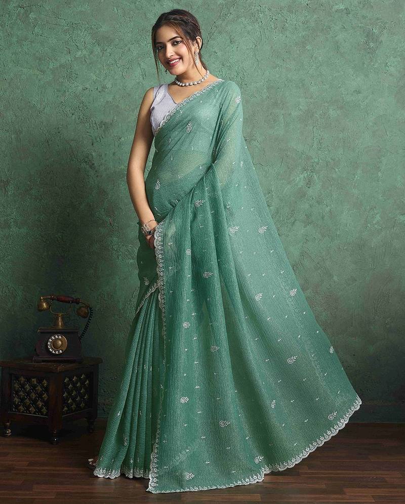 green floral embroidered pure chiffon regular saree