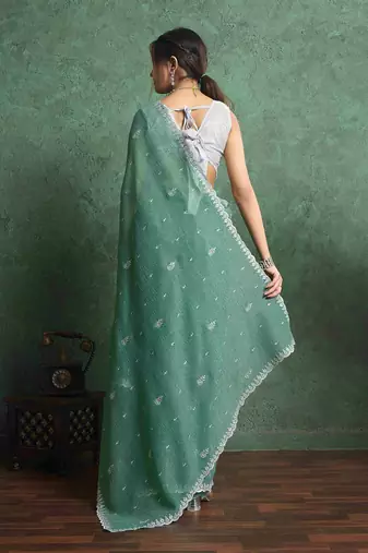 green floral embroidered pure chiffon regular saree