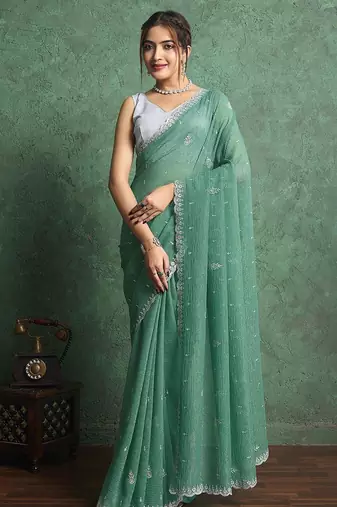 green floral embroidered pure chiffon regular saree