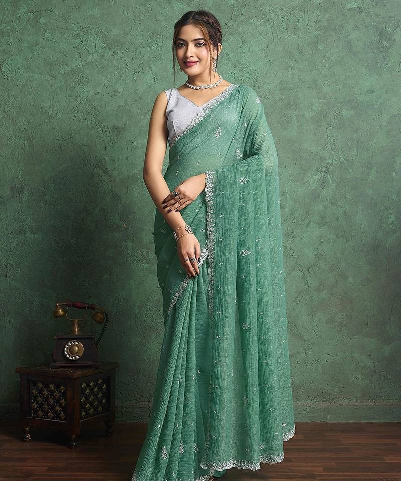 green floral embroidered pure chiffon regular saree
