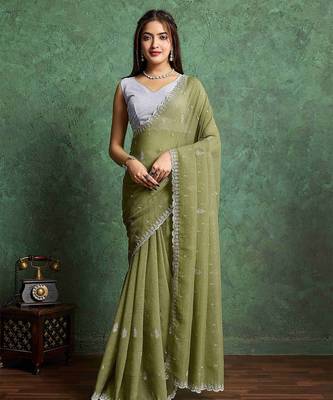 olive floral embroidered embellished pure chiffon saree 1