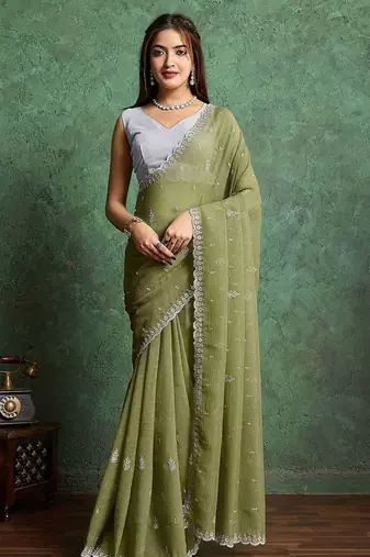olive floral embroidered embellished pure chiffon saree