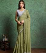 olive floral embroidered embellished pure chiffon saree