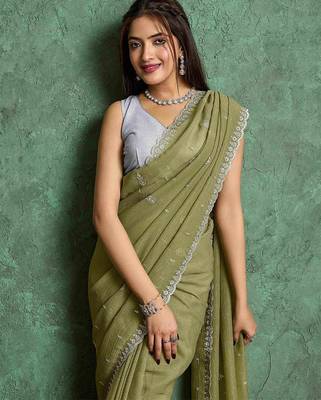 olive floral embroidered embellished pure chiffon saree 2