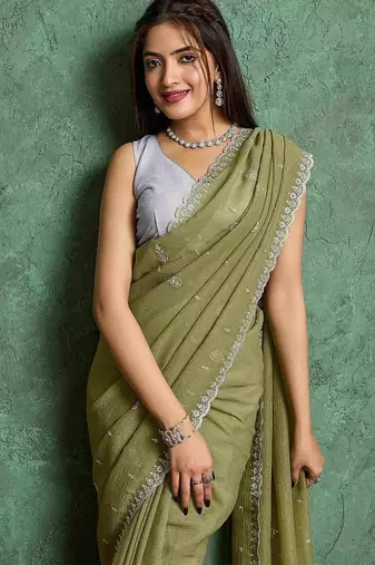 olive floral embroidered embellished pure chiffon saree