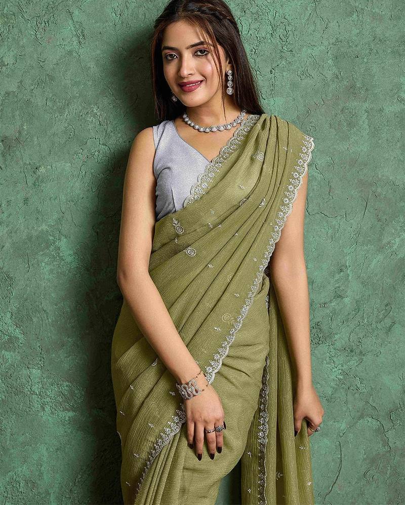 olive floral embroidered embellished pure chiffon saree