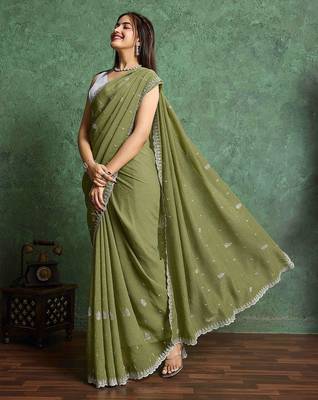 olive floral embroidered embellished pure chiffon saree 3