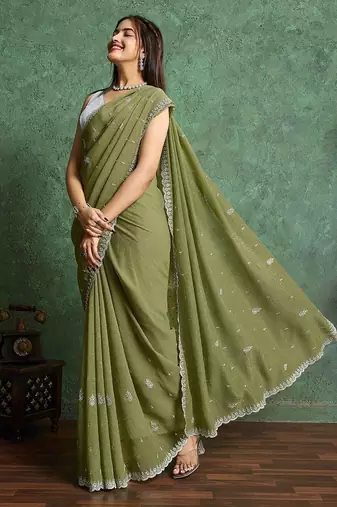 olive floral embroidered embellished pure chiffon saree