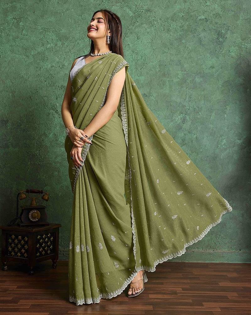 olive floral embroidered embellished pure chiffon saree