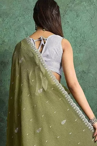 olive floral embroidered embellished pure chiffon saree