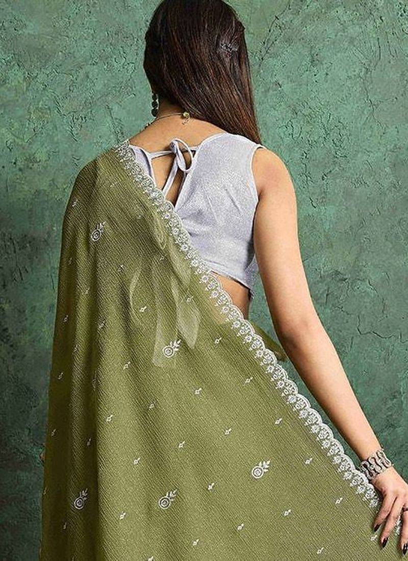 olive floral embroidered embellished pure chiffon saree